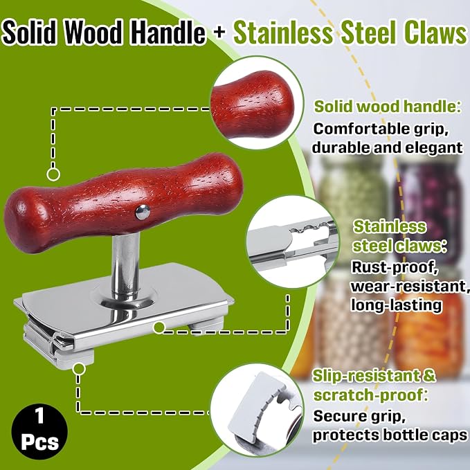 1-Pack Adjustable Jar Opener, Stainless Steel Lid Remover, Wood Handle | Non-Slip Metal Clamp, 0.4-4.1 Inch Range, Rust-Proof Quick Rinse, Adjustable Lid Remover for Seniors & Arthritic Hands