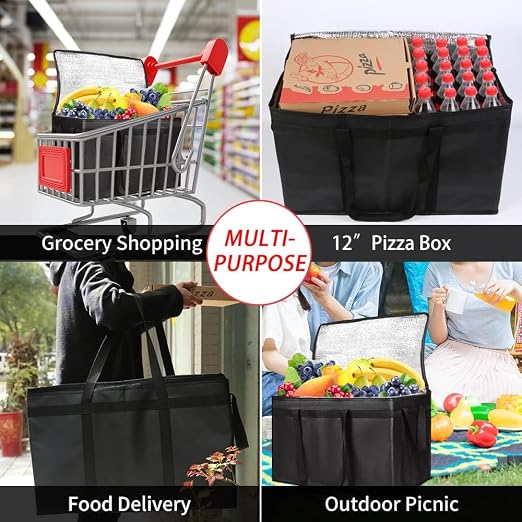 Insulated Food Delivery Bag with Hard Bottom, XXX-Large Insulated Reusable Grocery Cooler/Hot Bags, Tote Bag for Shopping/Travel, Black, 4-Pack