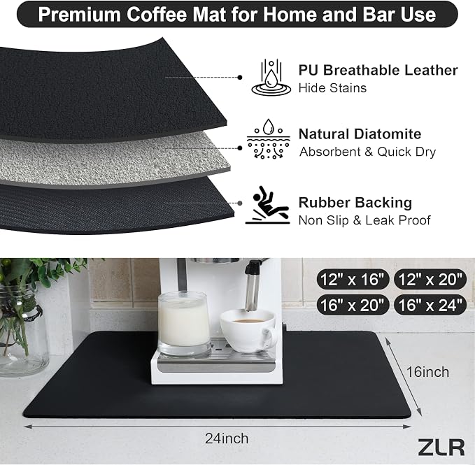 ZLR Large Coffee Bar Mat for Coffee Station, 16"x24" XL, Black | Oversized Counter Protector, Absorbent Dish Drying Mat, Fits Espresso, Grinder, Frother & Cup Display, Hides Stains