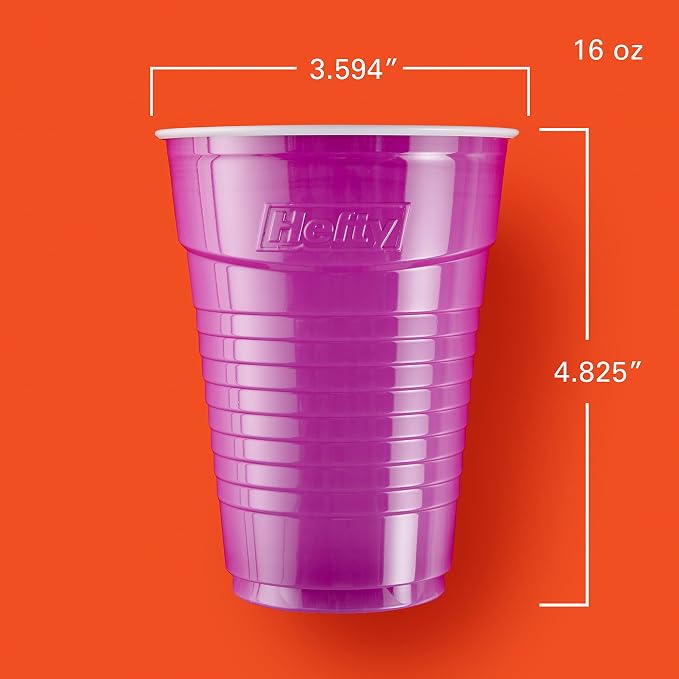 Hefty Party On Disposable Plastic Cups, Assorted, 16 Ounce, 100 Count | Bulk Pack, Disposable Plastic Cups for Parties, 4 Fun Colors, Easy-to-Grip Design, Ideal for Large Tailgates, BBQs, Birthdays