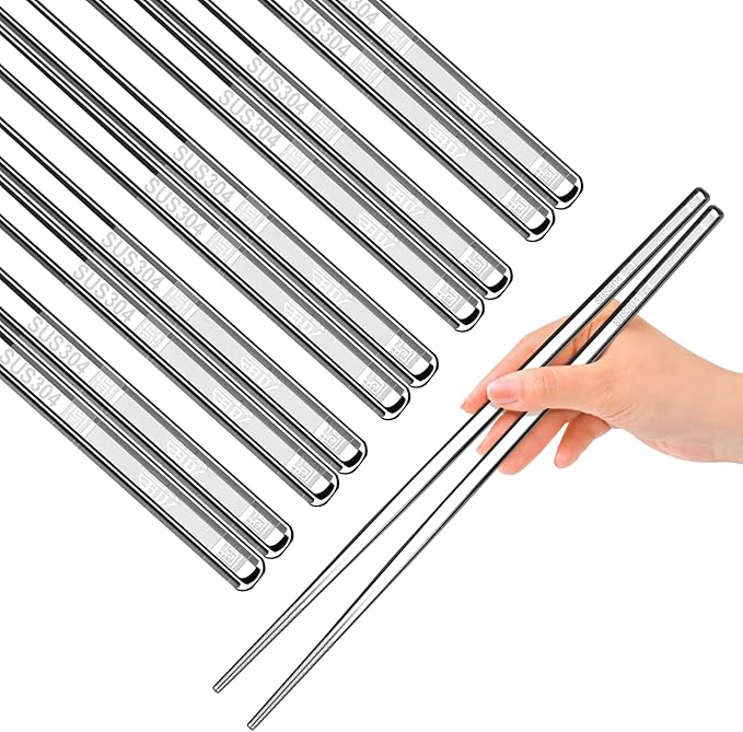 Premium Stainless Steel Metal Chopsticks, Reusable Silver Chopsticks Dishwasher Safe, Square Lightweight Non-Slip Chop Sticks Easy to Use for Home Kitchen Hotel Restaurant (Stainless steel, 8.7)