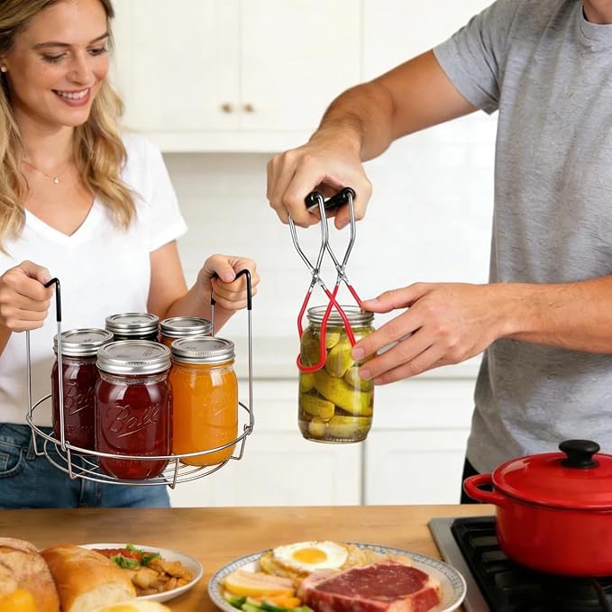 2PCS 12" Stainless Steel Canning Rack & Jar Lifter Tongs Set, Heat Resistant Handles Water Bath Canner Rack And Non-slip Jarring Kit for 6 Quart or 7 Pint Ball Jars in Pressure Canner Pot