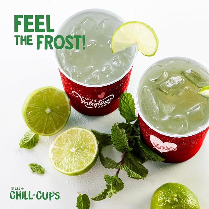 Steel Chill Cups 16 oz. Reusable Party Cups, Valentine's Day, 12 Count | Made in USA from Steel these durable cups chill fast & keep your drink cold for longer, 100% recyclable for sustainablity