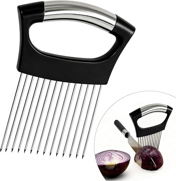 Onion Holder for Slicing, Onion Cutter Vegetable Chopper, Food Slicer Assistant Tool for Fruit Lemon and Meat,Stainless Steel Tomato Slicer Vegetable Cutter for Potato, Avocados, Eggs,