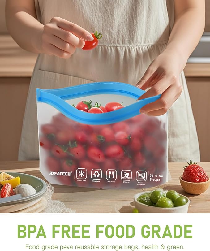 IDEATECH Reusable Bags for Food, Snack, Sandwich Storage, Dishwasher Safe & Leakproof Freezer Bags, Large Gallon & Quart BPA Free Reusable Baggies for Marinate Meats, Lunch, Trave(12Pack, Colored)