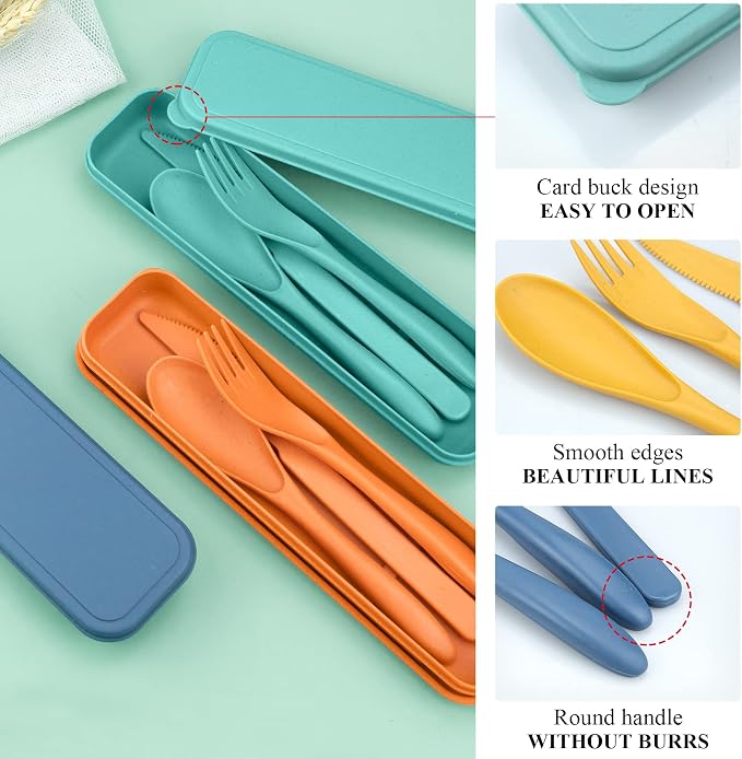 DISSKNIC 4 Sets Reusable Utensils Set with Case,Travel Utensils Cutlery Set Spoons and Forks Set, Reusable Plastic Utensils for Lunch Box Accessories for Adults, Portable Lunch Utensils Set for Daily
