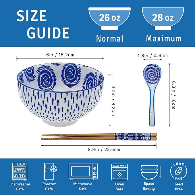 28Oz Ceramic Ramen Noodle Pho Bowl Set with Chopstick&Spoon&Gift box | Lead & Cd Free, Food Safe, Microwave/Oven/Dishwasher Safe, Matching pattern set, foam packed, ideal all-occasion gift