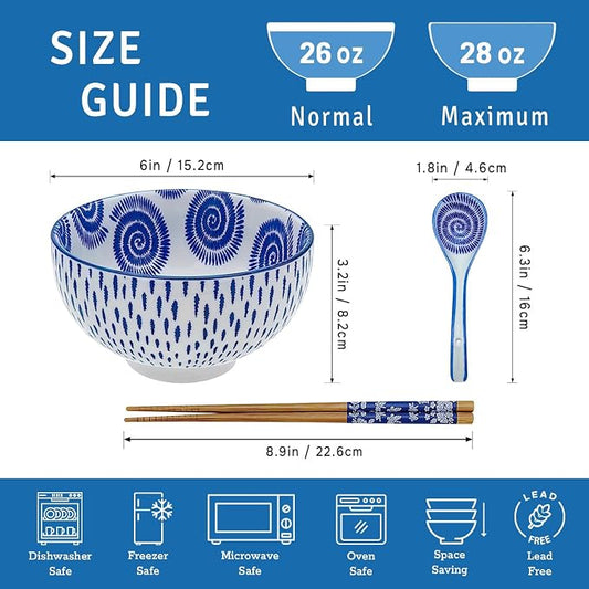 28Oz Ceramic Ramen Noodle Pho Bowl Set with Chopstick&Spoon&Gift box | Lead & Cd Free, Food Safe, Microwave/Oven/Dishwasher Safe, Matching pattern set, foam packed, ideal all-occasion gift