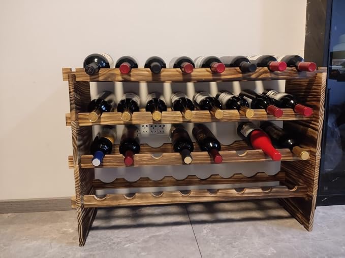 32-Bottle 4-Tier Stackable Wine Rack – Freestanding Carbonized Pine Organizer for Home Bar, Kitchen, Countertop, Modular DIY Design