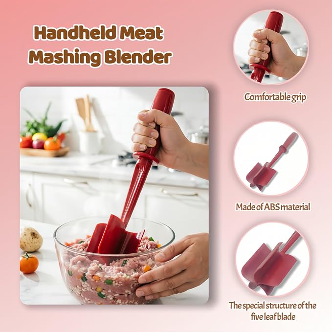 Meat Chopper, Hamburger Grinder, Premium Heat Resistant Masher for Ground Beef, Burger Grinder, Potato Masher, Nylon Potato Mix Tool, Safe, Non-Stick, Mix and Chop Kitchen Tool - Red