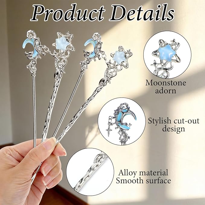 4Pcs Star Moon Hair Sticks, Silver Metal Chinese Hair Chopsticks Hairpins, Vintage Moonstone Hair Bun Updo Holders for Women Girls Hanfu Asian Decorative Accessories