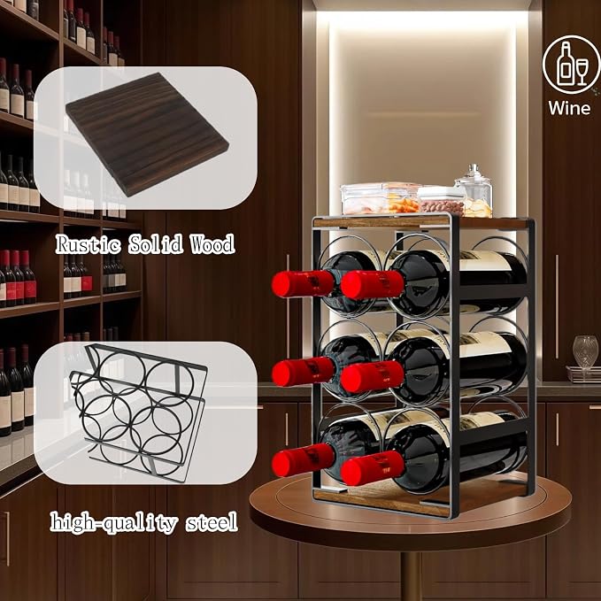 6 Bottle Countertop Small Wine Rack | Compact Design MDF Wood Construction, for Countertop, Cabinet & Corner Storage, Hold Up to 6 Wine Bottles