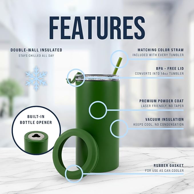 4 in 1 Universal Can Cooler - Hunter Green, Can Holder Insulated, Beer Bottle Cooler, Universal Holder for All Drink Sizes, Stainless Steel Insulated Tumbler, Tailgating Accessories