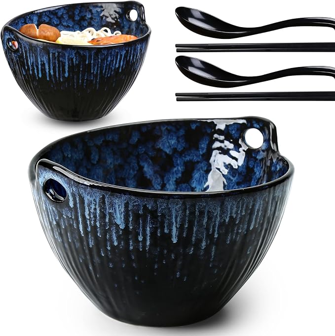 Ramen Bowl with Chopsticks and Spoons Set, 7 Inch Ceramic Noodle Bowl Set of 2, Donburi Bowl Dishwasher Safe for Pho Udon Soba Noodle Salad Pasta, Special Reactive Glazed Navy Bowls Set