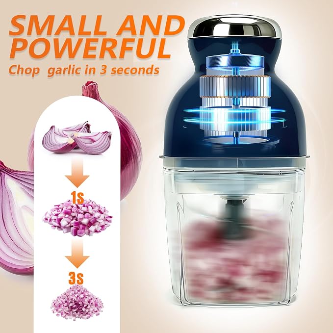 Brigii Electric Garlic Mincer & Onion Chopper, 17oz Mini Food Processor | 250W motor, one-touch control, stainless steel S-blades, chops, minces, grinds, whisks