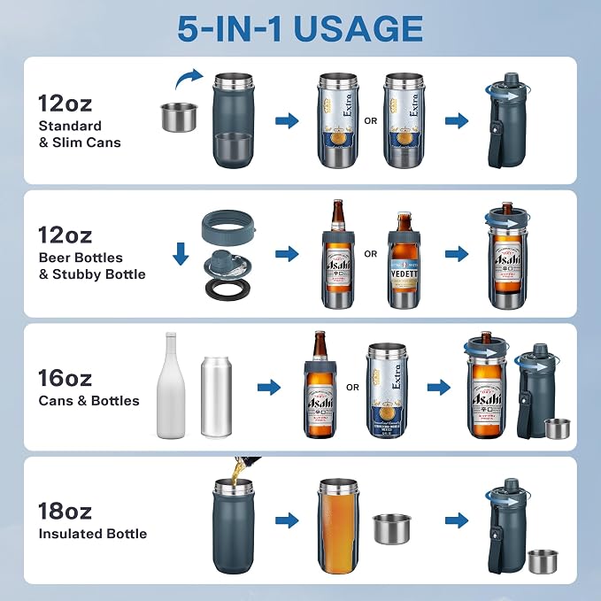 5 In 1 Beer Can Cooler Bottle Holder with Drinking Spout Lid for 12oz Regular, Slim Skinny Cans Bottles,Sealed Insulated Double Wall Vacuum Stainless Steel Can Keeps Your Drinks Cold(Blue)