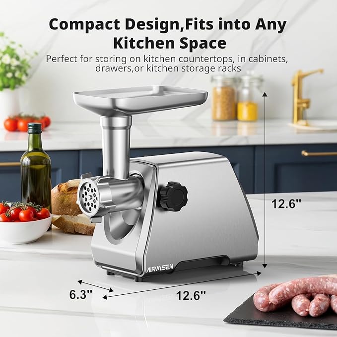 AIRMSEN Electric Meat Grinder & Mincer – Heavy Duty Professional Stainless Steel Sausage Maker & Stuffer with 3 Plates, 2 Stainless Blades & Kubbe Kit – Fast, Quiet, Easy to Clean for Home Kitchen Use