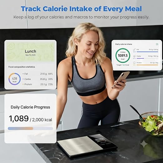 Smart Nutrition Food Scale with App - 1g Precision Digital Kitchen Scale, Tracks Calories & 24 Nutrients, Macros, Fat & Protein for Keto, Fitness & Meal Prep, 11lb/5kg with Tare Function