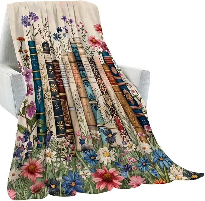 Vintage Book Blanket Gifts for Kids Girls Women,Retro Readers and Floral Throw Blankets,Soft Comfy Lightweight for Room Couch Bed Modern Reading Decor,Literary Lover 60x50in