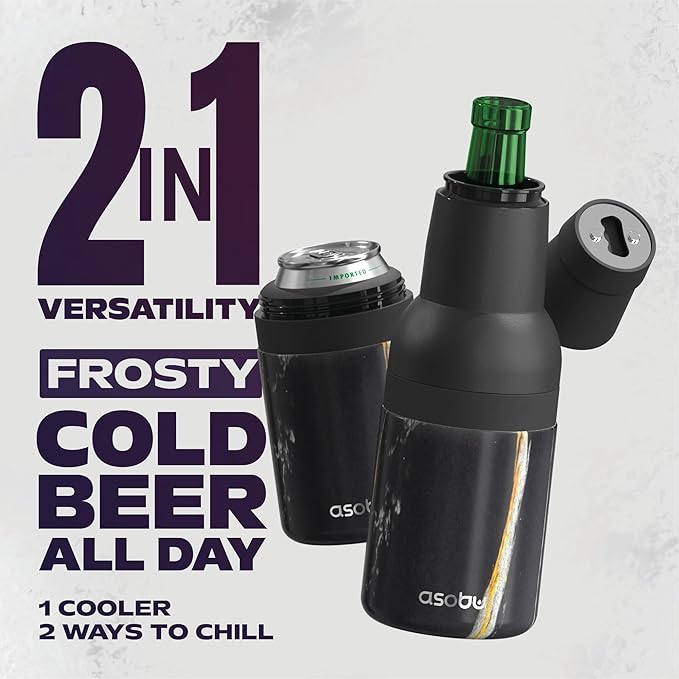 Asobu Frosty Beer Holder 2 Go Vacuum Insulated Double Walled Stainless Steel Beer Can and Bottle Cooler with Beer Opener, Bpa Free, Fits Standard 12oz Bottles, Gift for Beer Lovers (Midnight Marble)