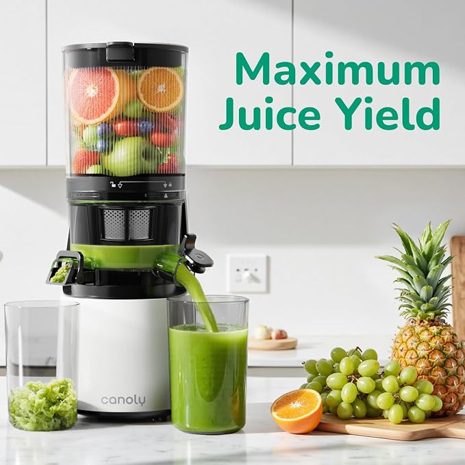 Canoly 3-in-1 Cold Press Juicer C16, Makes Juice & Sorbet & Nut Milk | 6" Extra Wide Feed Chute, Powerful AC Brushless Motor, Self Precut System, Juicer Machines with BPA-Free (Pearl White)