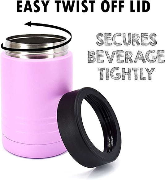 4-in-1 Stainless Steel 12 oz Double Wall Vacuum Insulated Can or Bottle Cooler Keeps Beverage Cold for Hours - Also Fits 16 oz Cans - Powder Coated Light Purple - Clear Water Home Goods