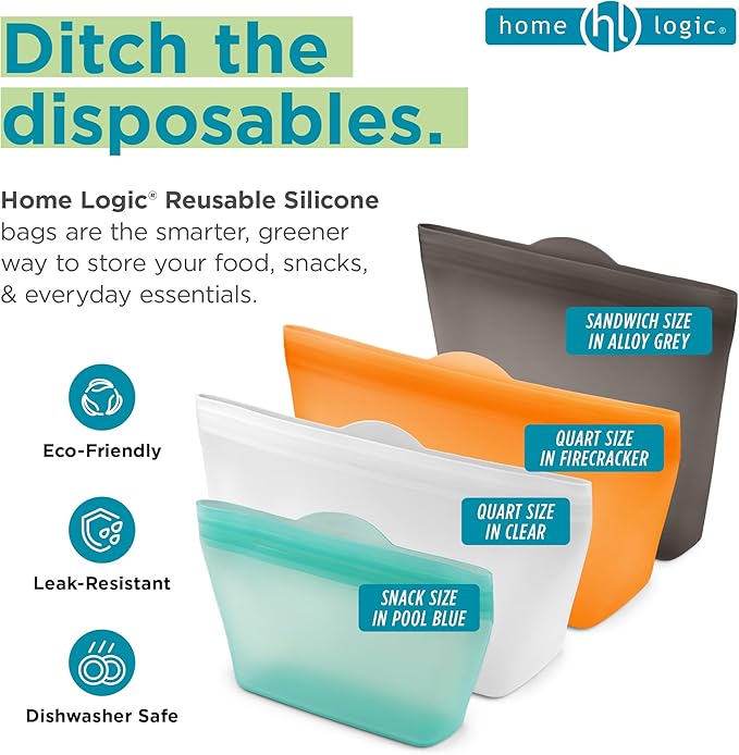 Home Logic Reusable Quart Bags - Set of 4 Firecracker Orange Silicone Freezer Bags, Airtight Leak Resistant Reusable Zip Bags for Kitchen Home Food Prep, Microwave & Sous Vide Safe