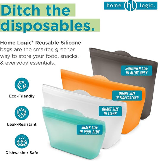 Home Logic Reusable Quart Bags - Set of 4 Clear Silicone Freezer Bags, Airtight Leak Resistant Reusable Zip Bags for Kitchen Home Food Prep, Microwave & Sous Vide Safe
