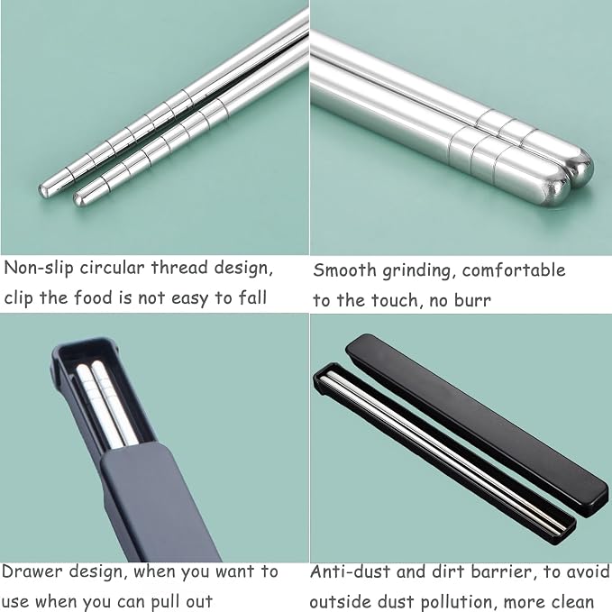 2 Pair Portable Chopsticks with Pull Design Case, Reusable Metal Stainless Steel Chopstick Travel Utensil for School Home Office Outdoor Camp Bento Box Use, Dishwasher Safe (Black)
