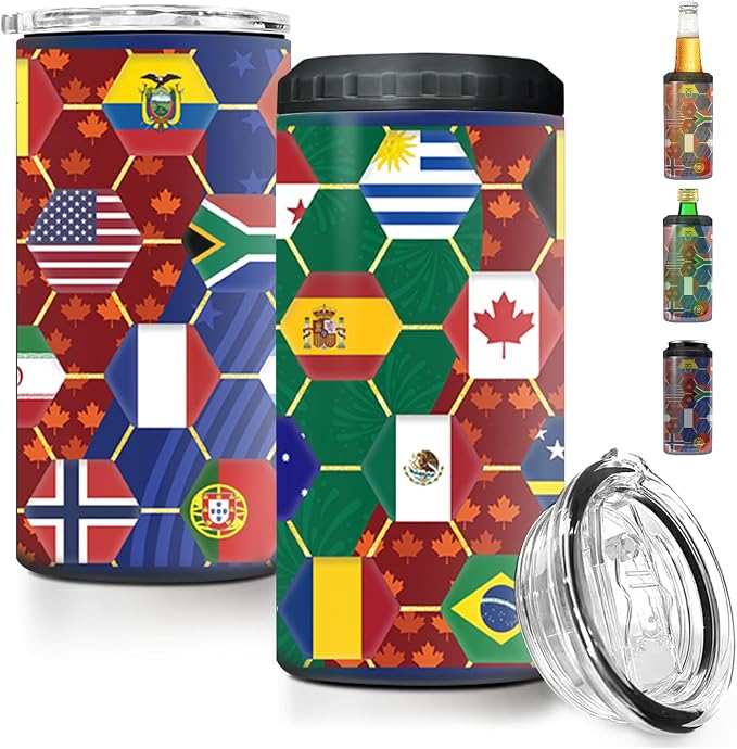 Funny Can Cooler 2026 Soccer Football Merchandise, International Country Flags Accessories Decorations, 4-IN-1 Can Cooler Stainless Steel Tumbler Gifts for Soccer Fans