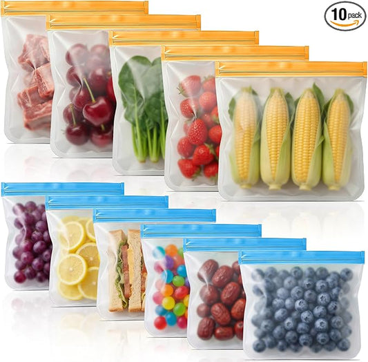 10 Pack Reusable Gallon Freezer Bags Reusable Sandwich Bags Dishwasher Safe, Silicone Leakproof Food Storage Bags BPA Free, Freezer Bags for Marinate Meat Snack Sandwich Meal Prep Travel Kitchen