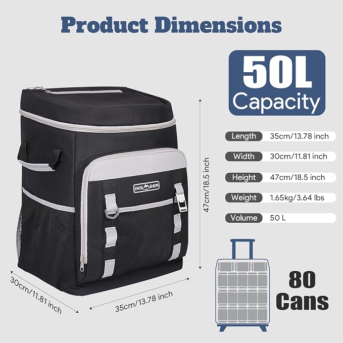 INSMEER Cooler with Wheels and Handle, 80 Cans/50L Rolling Cooler, Portable Soft Sided Cooler with Wheel, 2-in-1 Collapsible Trolley Cart, Large Coolerbag for Grocery Shopping