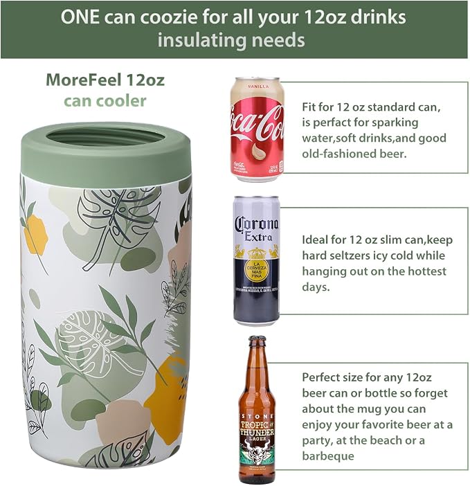 Morefeel 4-in-1 Insulated Can Cooler for 12 oz Cans & Bottles | 304 Stainless Steel Can Holder Fits 12 Oz Slim Cans, Standard Cans, Beer Bottles & Works as A Open Cup; Dishwasher Safe