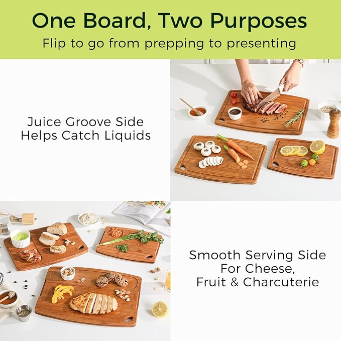 3-Piece Bamboo Cutting Boards for Kitchen with Wood Storage Stand | Reversible Charcuterie & Wooden Cutting Board Set with Juice Grooves and Easy-Grip Handles, Great Kitchen Gift