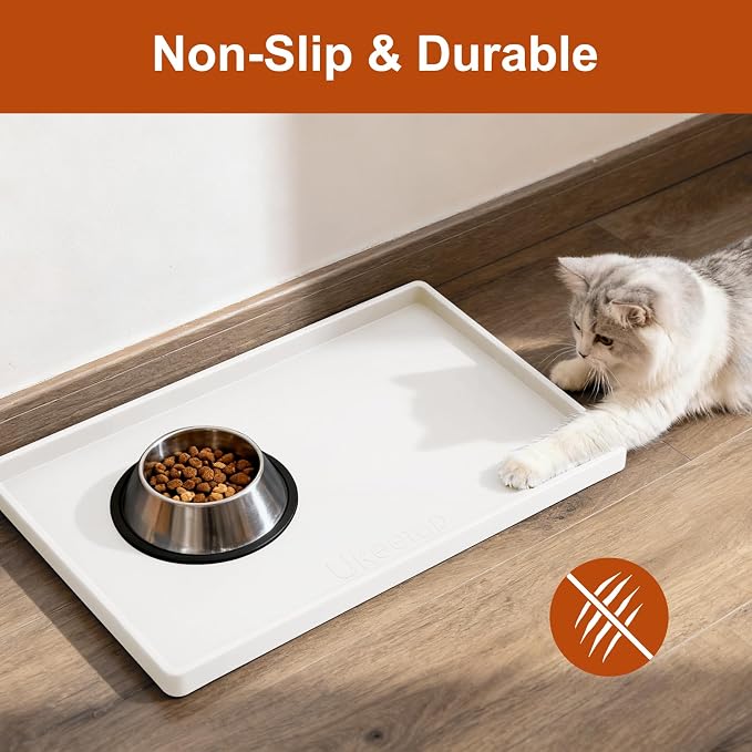 ukeetap 19" x 12" Extra Thick Silicone Mat Waterproof with Raised Edge, BPA Free Non-Slip Dog & Cat Food Mat, Feeding Mat for Food and Water Bowls, Spill Proof Mat to Protect Floors, White
