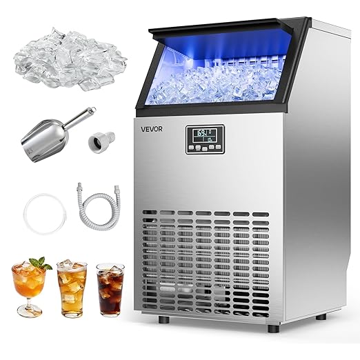 VEVOR Commercial Ice Maker Machine, 100 lbs/24h with 26 lbs Storage Capacity, Crescent Ice,Built-in/Freestanding/Under Counter, Stainless Steel Ice Maker with LED Display for Home Bar Restaurant