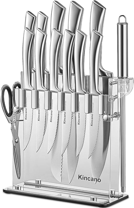 Knife Set, 14 PCS High Carbon Stainless Steel Super Sharp Kitchen Knife Set for Chef with Acrylic Stand, include Steak Knives, Sharpener and Scissors, Ergonomical Design by kincano