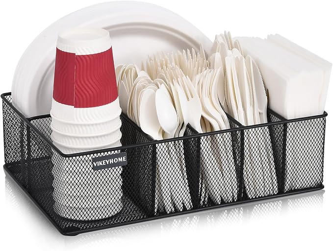 Paper Plate Organizer for Countertop, Black | Silverware Caddy with 6 Compartments for Cup, Napkin, Utensil Holder Caddy for Party, Camping, Picnic