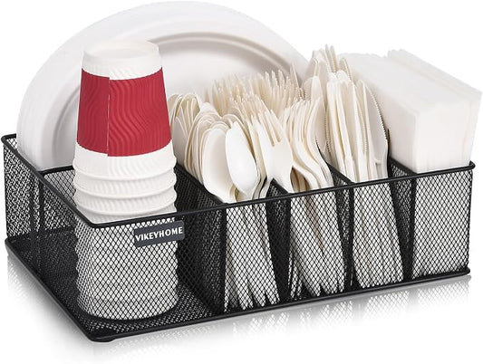 Paper Plate Organizer for Countertop, Black | Silverware Caddy with 6 Compartments for Cup, Napkin, Utensil Holder Caddy for Party, Camping, Picnic