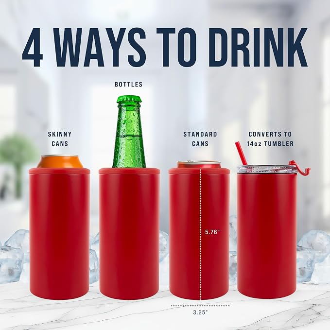 4 in 1 Universal Can Cooler - Red, Can Holder Insulated, Beer Bottle Cooler, Universal Holder for All Drink Sizes, Stainless Steel Insulated Tumbler, Tailgating Accessories