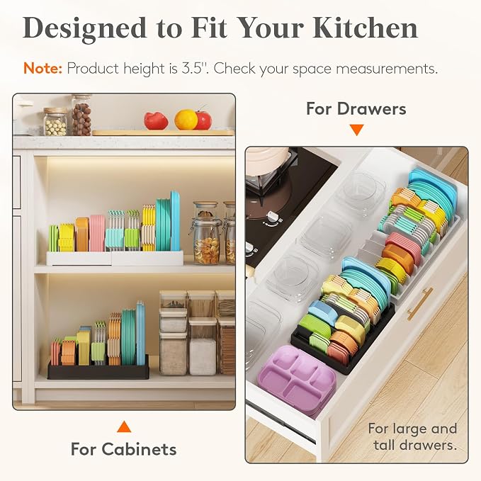 Lifewit Kitchen Cabinet Organizer for Food Contanier Lid with 7 Sections | Lid Holder with 6 Adjustable Dividers for Pantry Organizers and Storage, Home Drawer Organization, Black, Large, 13" x 10"