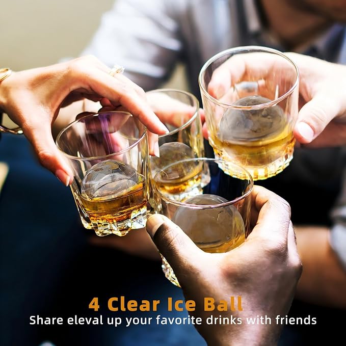 Clear Ice Ball Maker,Four Large 2.4" Crystal Clear Ice Balls for Whiskey, Cocktails, Bourbon,4-Cavity BPA-Free Silicone Easy Remove Ice Sphere Molds with Storage Bag,Stamp