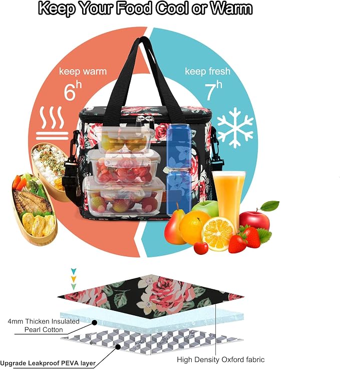Lunch Bags for Women/Men, Insulated Lunch Bag for Work Office Picnic - Lunch Cooler Bag Leakproof Lunch Box with Adjustable Shoulder Strap - Black Floral