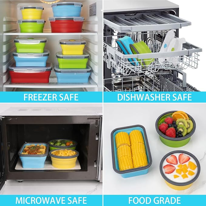 Collapsible Food Storage Containers with Airtight Lid & Vent Valve, 27 oz, Annaklin Kitchen Stacking Silicone Collapsible Meal Prep Container Set for Leftover, Microwave Freezer Safe, Blue, Set of 4