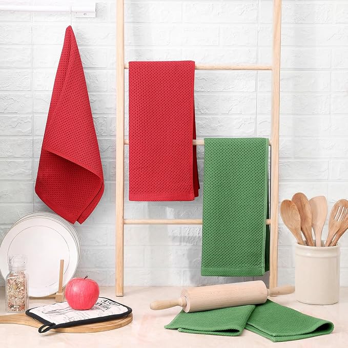 Homaxy 100% Cotton Waffle Weave Kitchen Towels, 3-Pack, Grass Green | 13 x 28 Inches, Ultra Soft Absorbent Dish Towels, Quick Drying Cleaning Towels