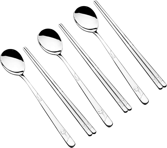 Korean Metal Chopsticks and Spoons Set, Reusable Stainless Steel Flatware Chopsticks and Spoons with long-hand, set of 3 (Lucky Clover)