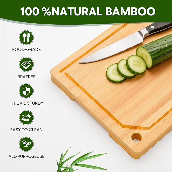 Simple Trending Bamboo Cutting Boards for Kitchen,15"x10", Natural | Durable Cutting Boards with Deep Juice Grooves and Handles, Chopping Board for Meat, Vegetables and Fruits