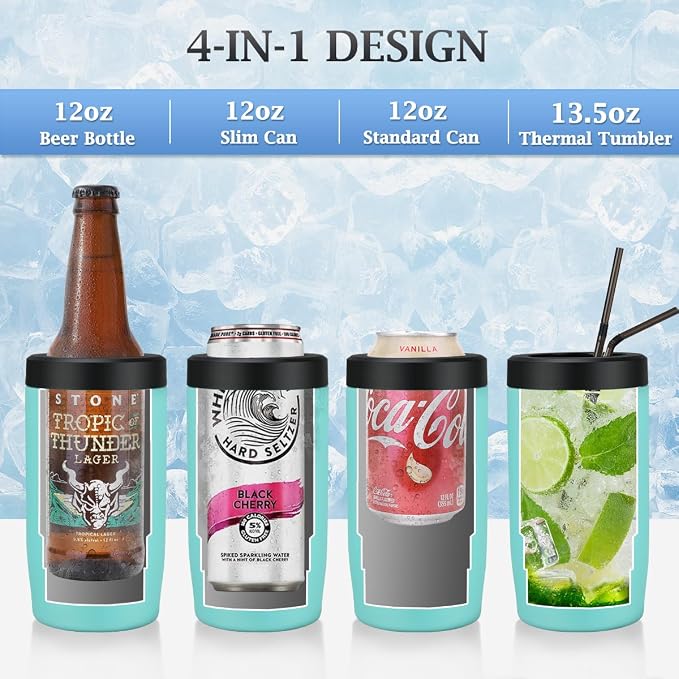 MAXSO Slim Can Cooler, 4-in-1 Double Walled Stainless Steel Insulated Beer Can Holder, Works With All 12 Oz Cans,Bottles & As A Pint Cups - Turquoise
