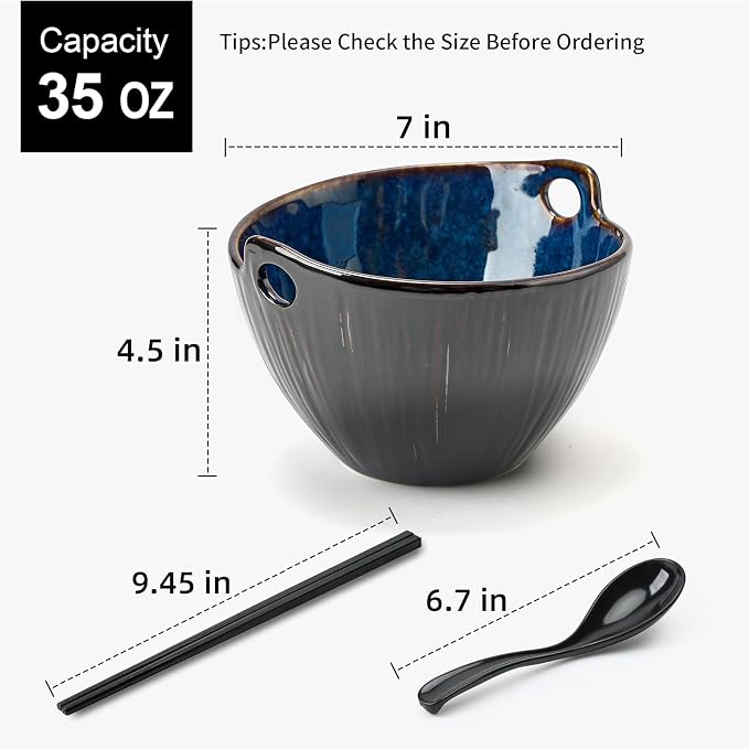 Ramen Bowl with Chopsticks and Spoons Set, 7 Inch Ceramic Noodle Bowl Set of 2, Donburi Bowl Dishwasher Safe for Pho Udon Soba Noodle Salad Pasta, Special Midnight Tide Bowls Set