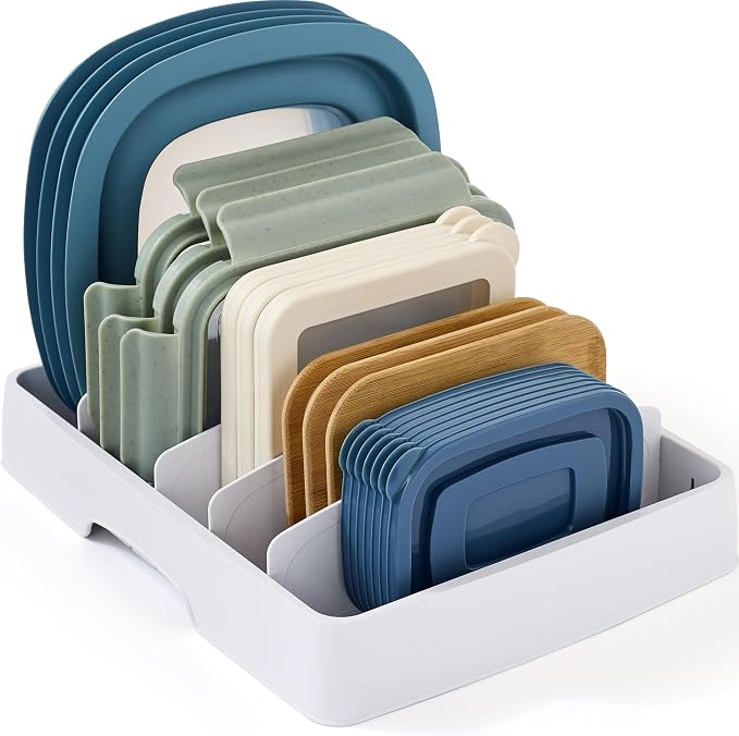 YouCopia StoraLid Food Container Lid Organizer for Kitchen Cabinet Storage with 5 Adjustable Dividers, 10.5''D × 13.4''W × 3.3''H, Large Classic Edition, White